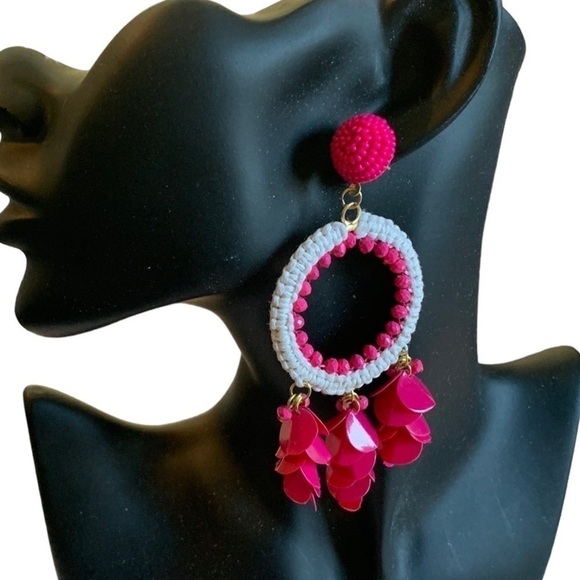 Natasha Hot Pink and White Beaded Drop Pierced Earrings Hoops with Stud Back - Picture 1 of 3